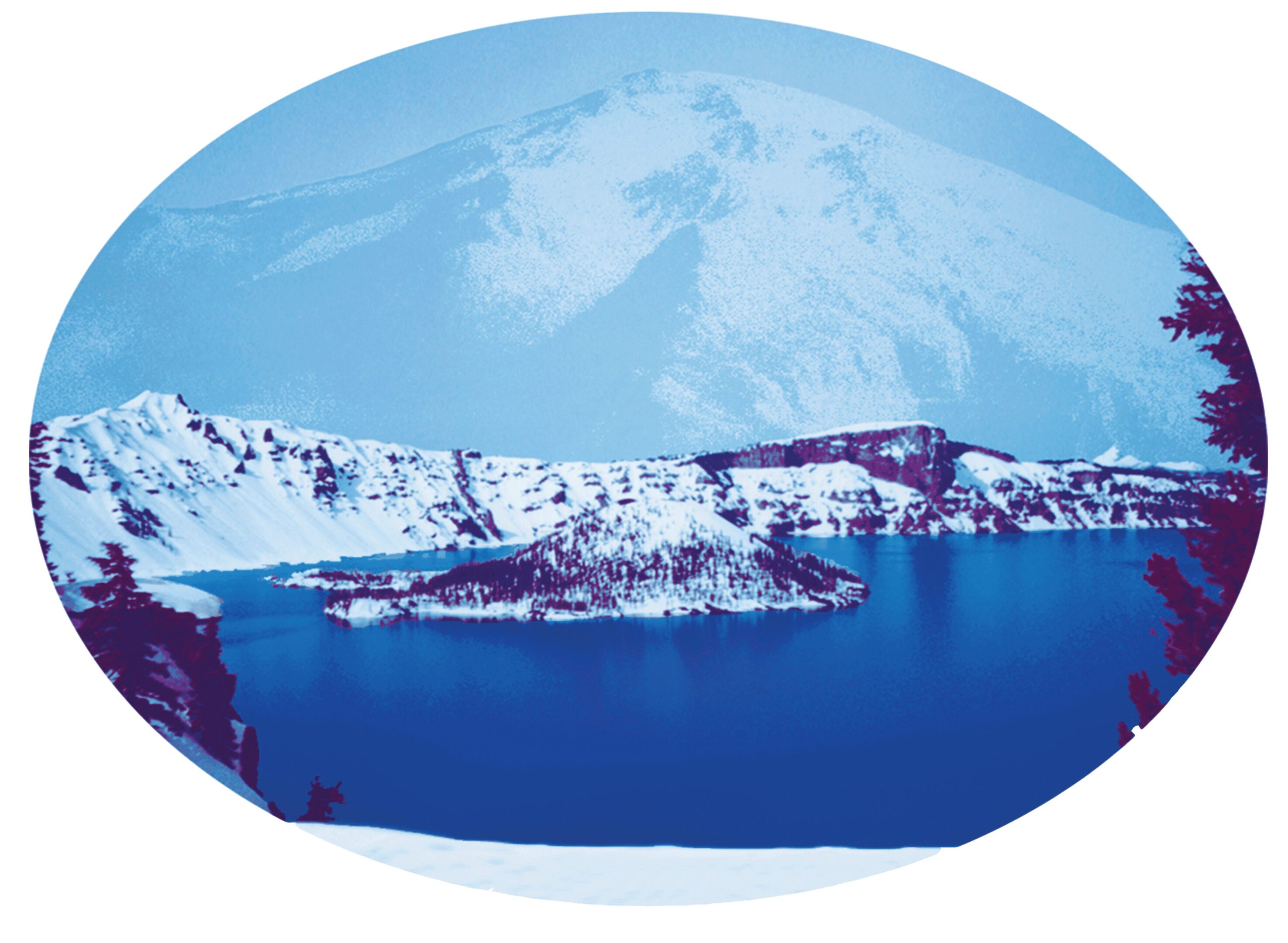 Snow-covered volcanic crater lake with a distant mountain peak.
