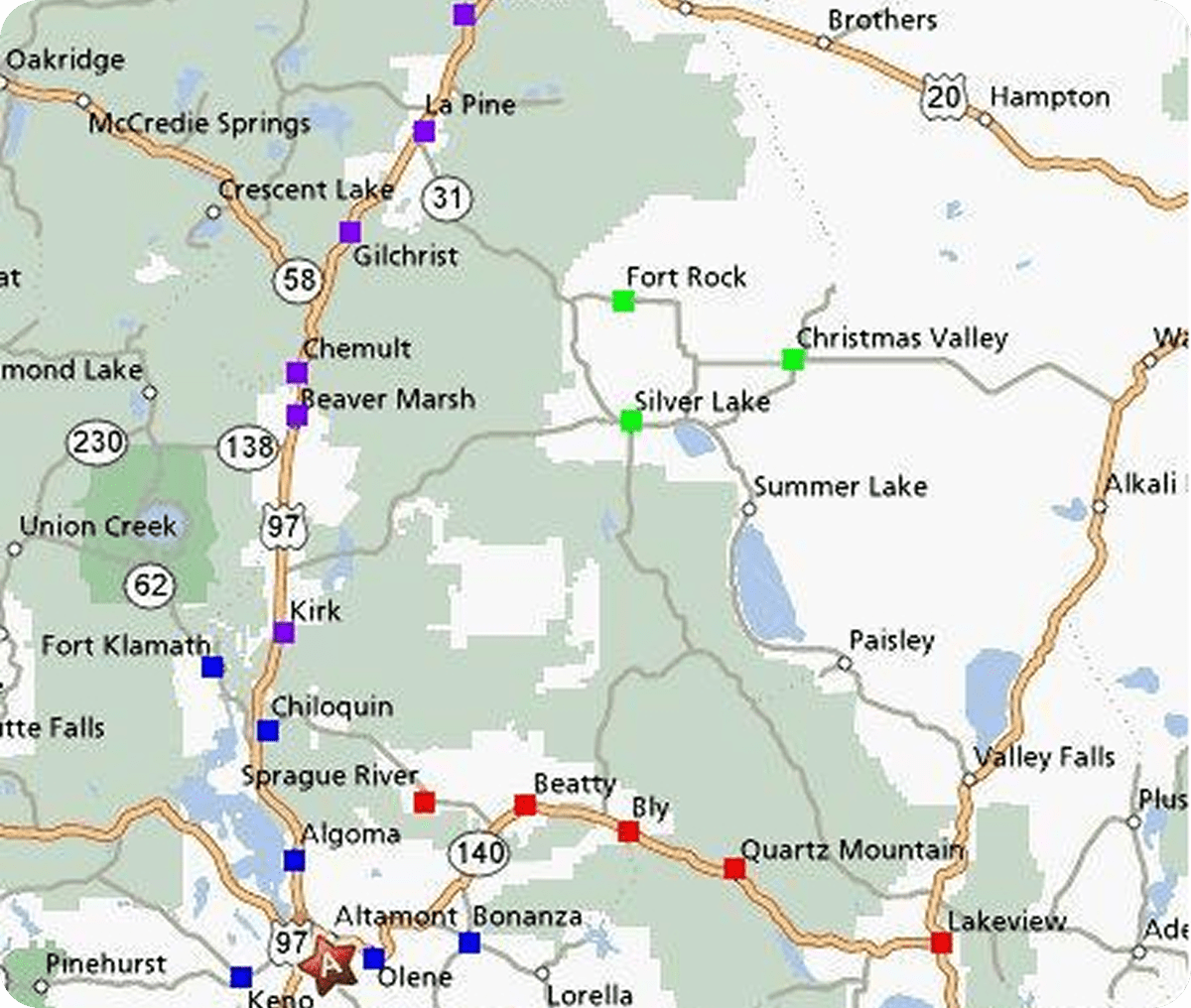 Oregon road map with towns marked
