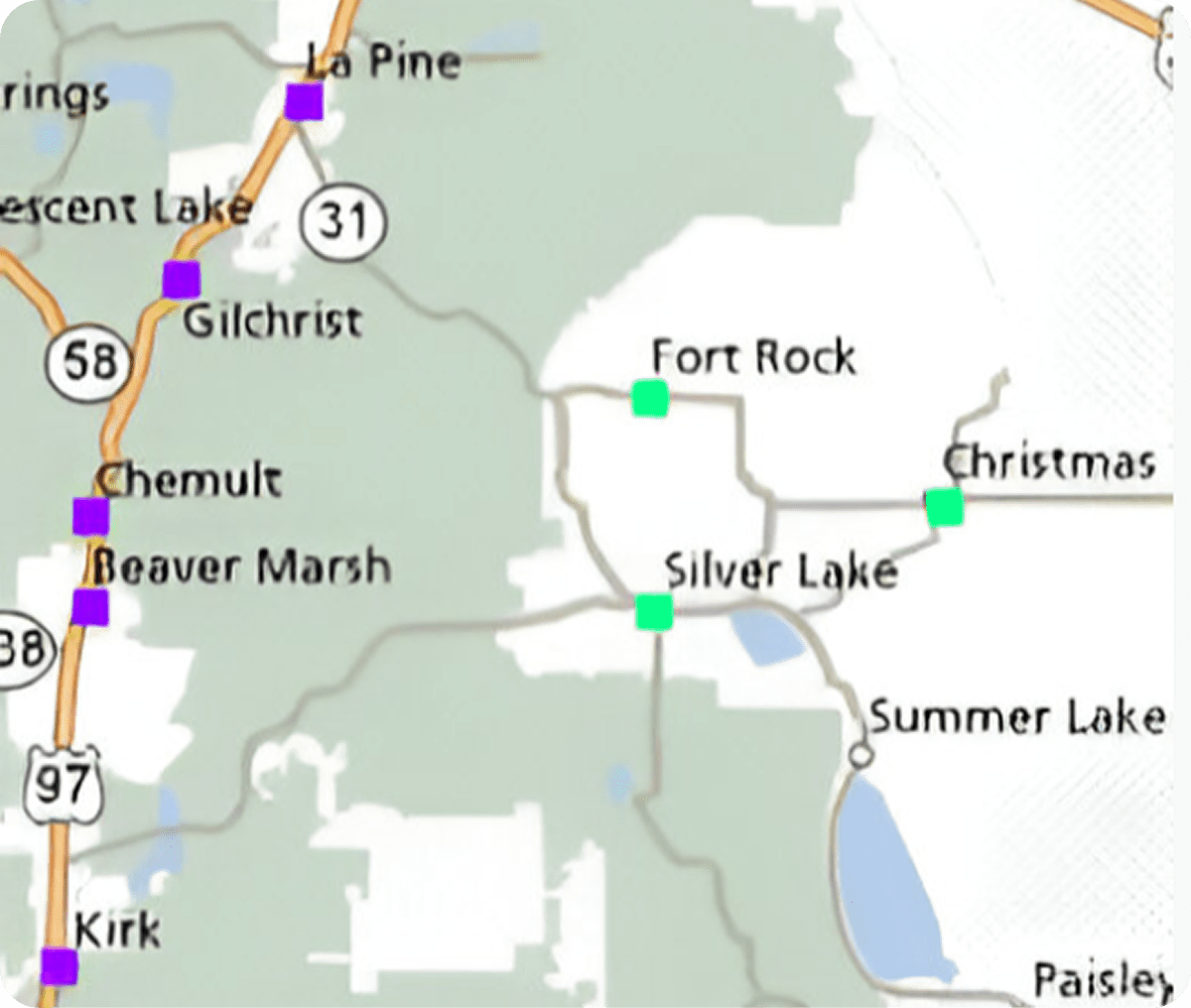 Road map of Oregon towns
