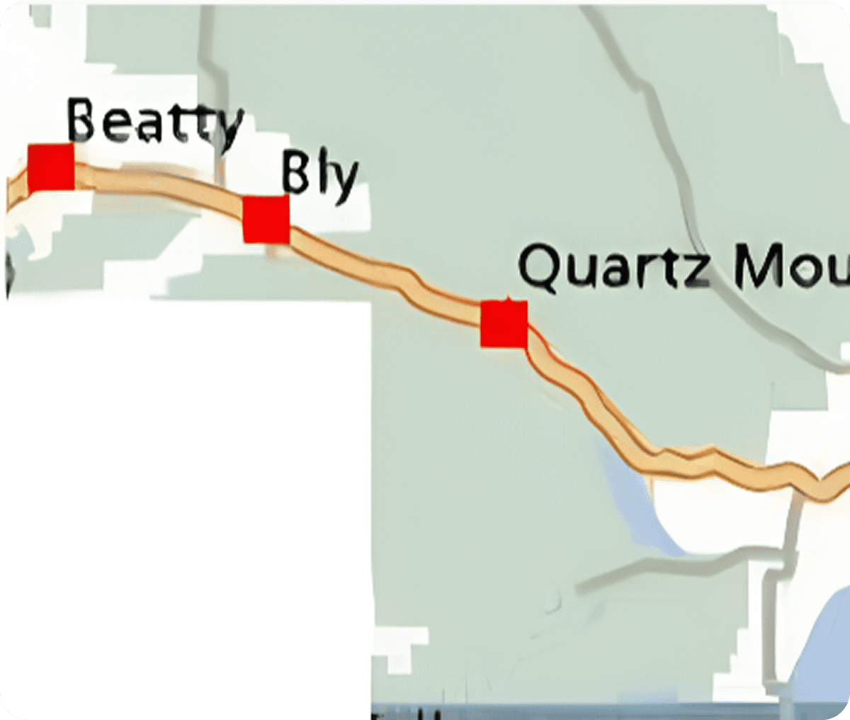 Route map highlighting Beatty, Bly, Quartz Mountain