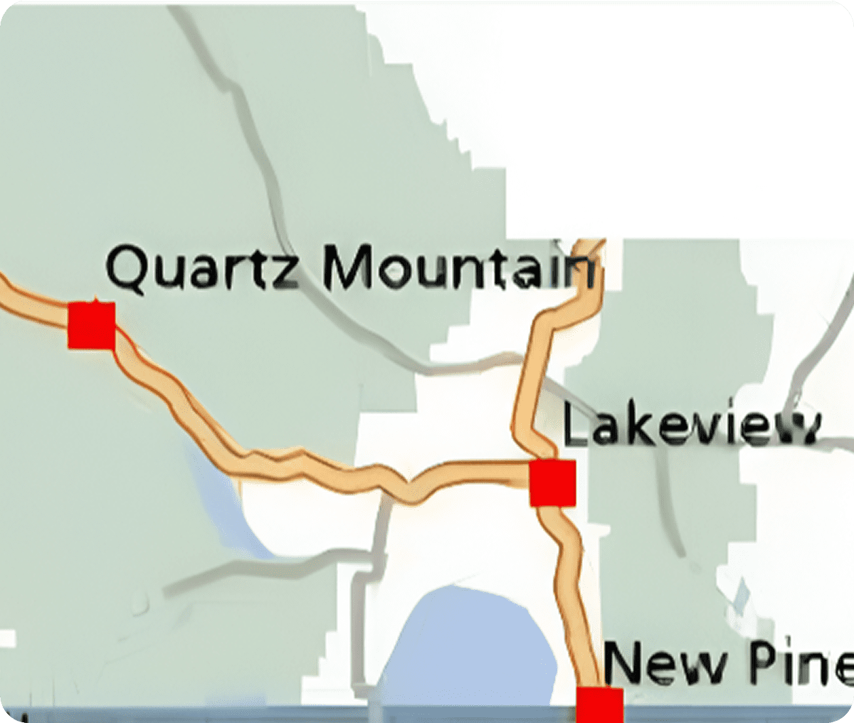 Road map showing Lakeview and New Pine