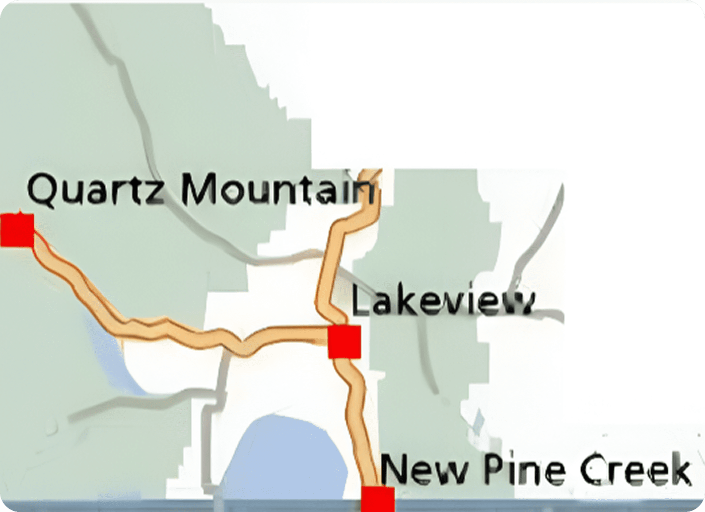 Map showing Lakeview and nearby Quartz Mountain and New Pine City.