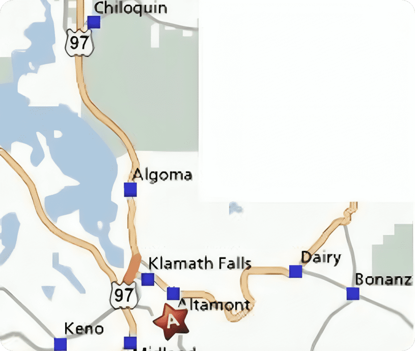 Map showing towns near Klamath Falls