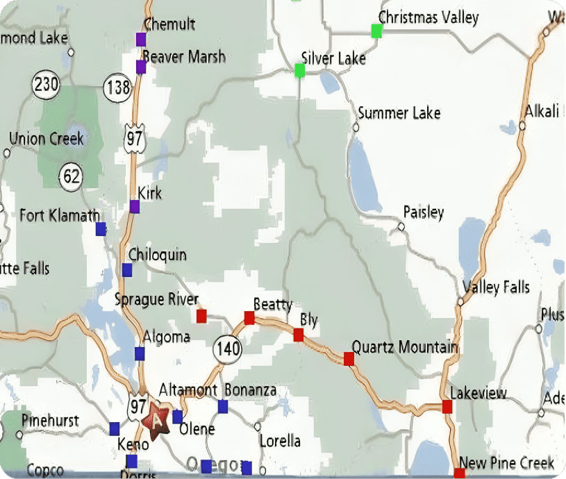 Map of Oregon highways and towns